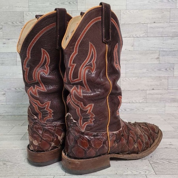 Men's Anderson Bean Western Brown Pirarucu Leather Square Toe Cowboy Boots Sz 10 - Picture 5 of 10